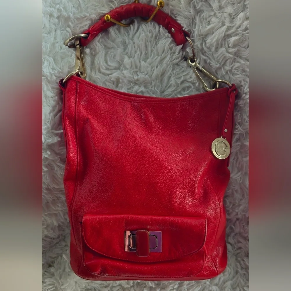 Cynthia Rowley Soft Leather Vibrant Red Hobo Shoulder Bag w/Turn-Lock Accent